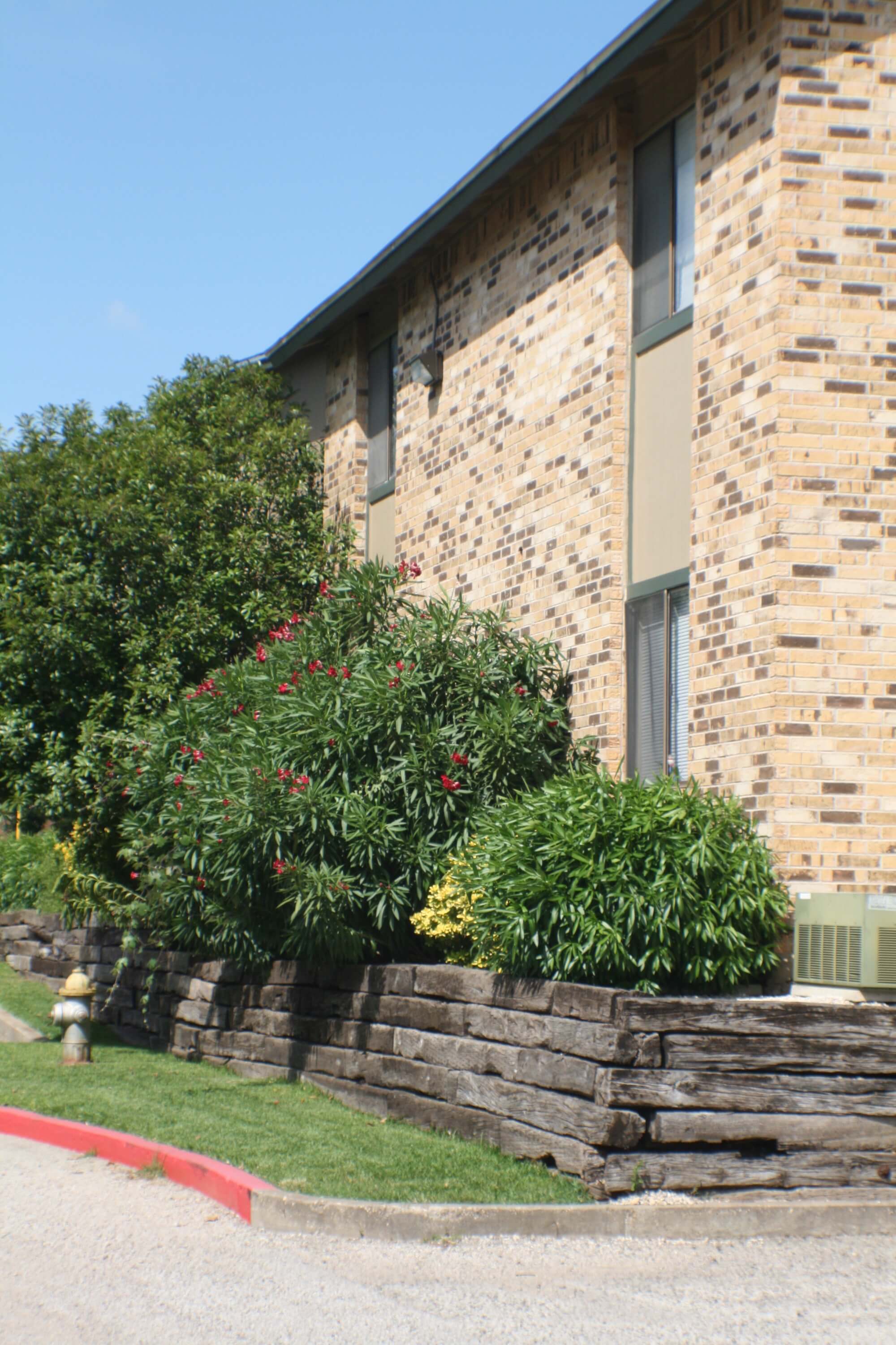 Lively green bushes and bright red floors lay  alongside the apartments at Stadium View.